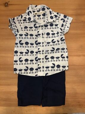 Toddler White Button-Down Shirt with Navy Grill Print